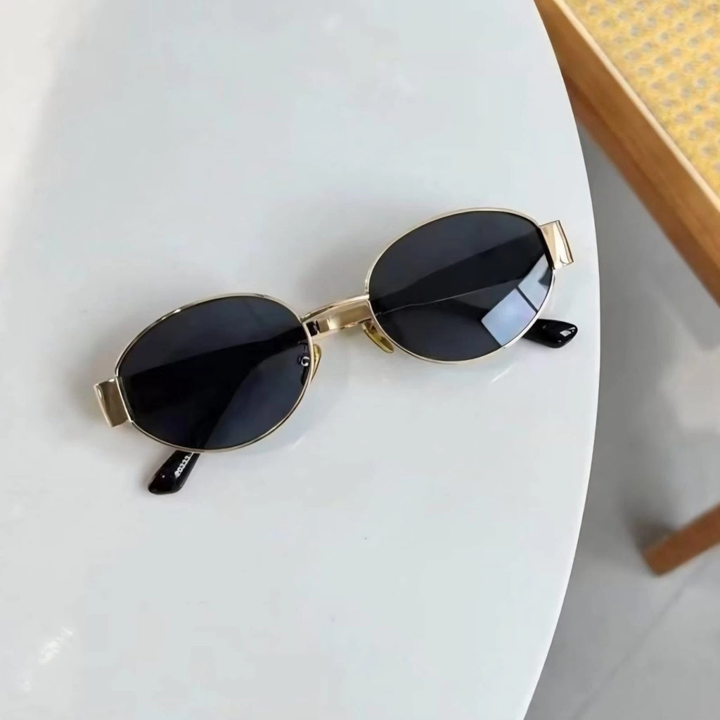 Chic Oval Metal Frame Sunglasses - Tinted Lenses, Gold & Black Detail