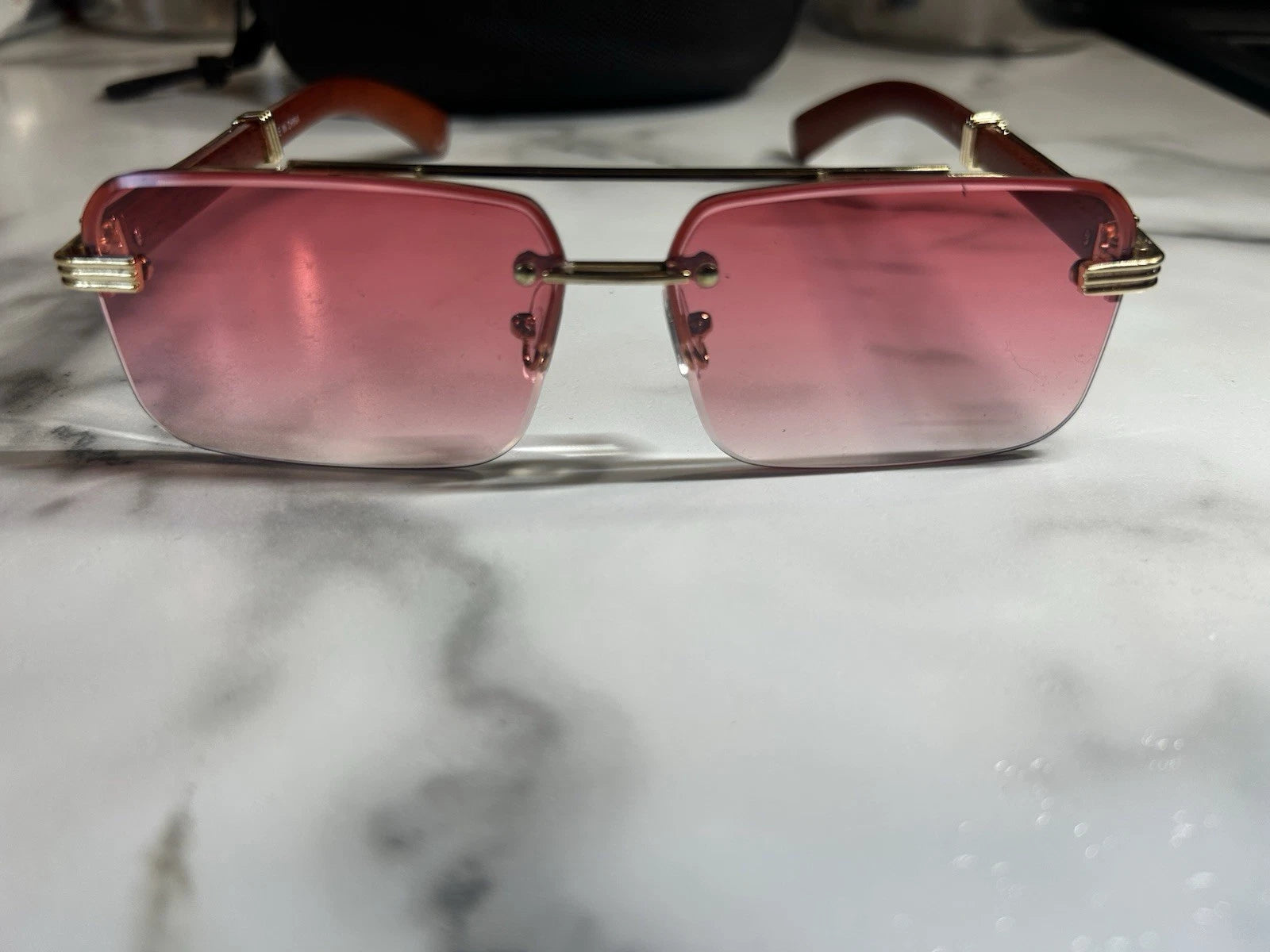 Luxury Rimless Pink Tint Sunglasses Gold Wood Frame Designer Style Y2K Unisex
