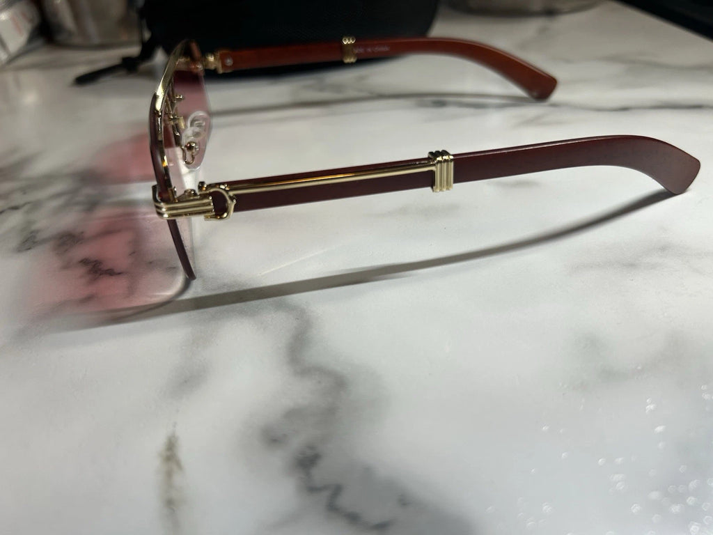 Luxury Rimless Pink Tint Sunglasses Gold Wood Frame Designer Style Y2K Unisex
