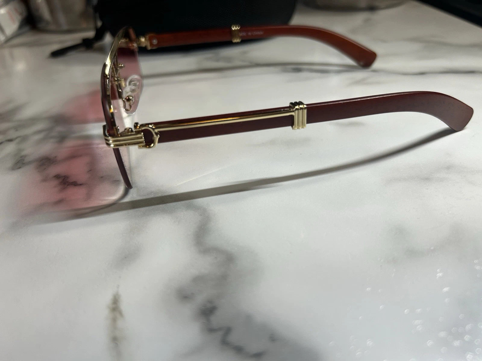 Luxury Rimless Pink Tint Sunglasses Gold Wood Frame Designer Style Y2K Unisex