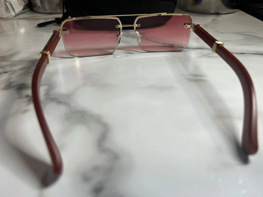 Luxury Rimless Pink Tint Sunglasses Gold Wood Frame Designer Style Y2K Unisex