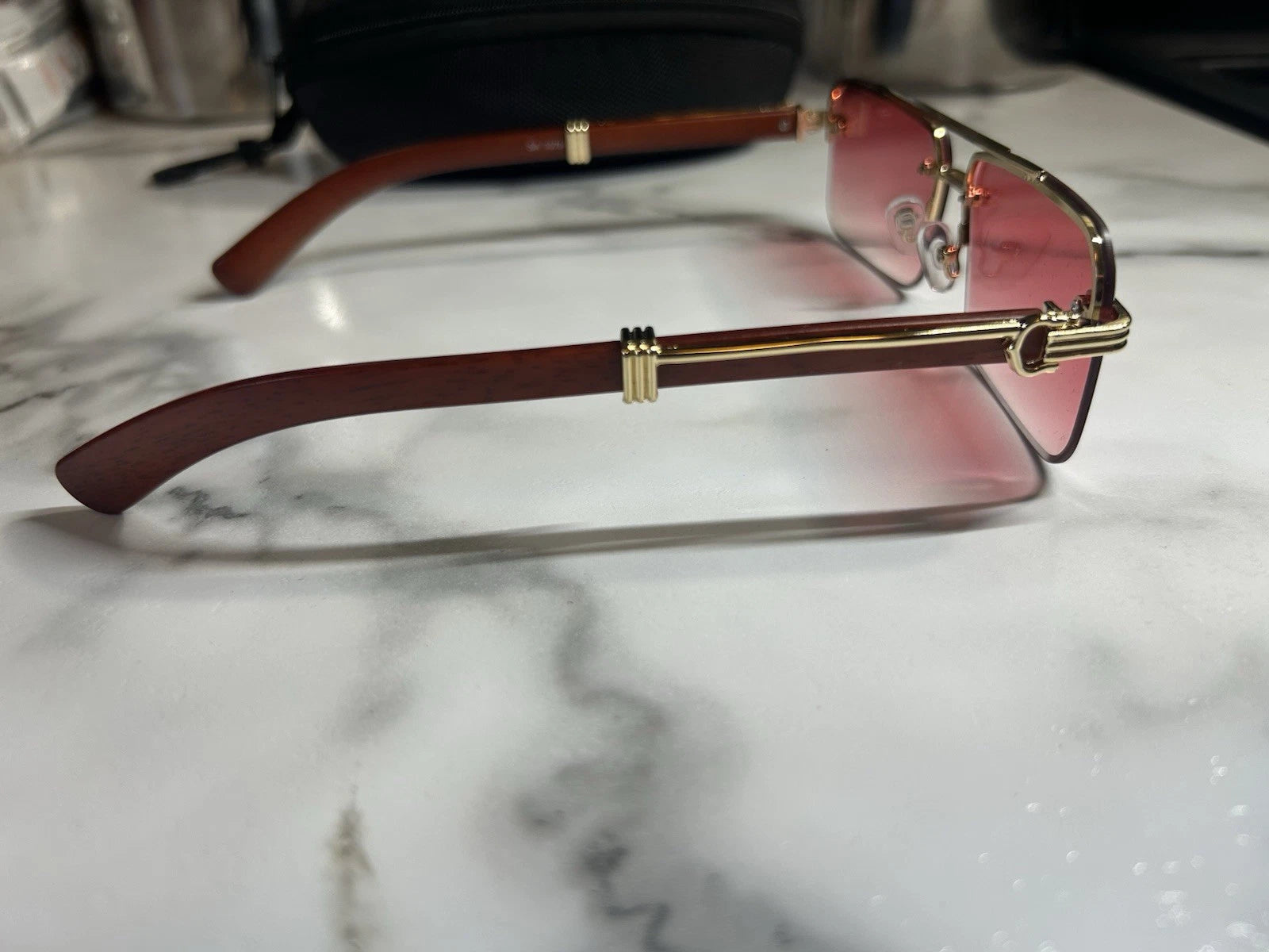 Luxury Rimless Pink Tint Sunglasses Gold Wood Frame Designer Style Y2K Unisex